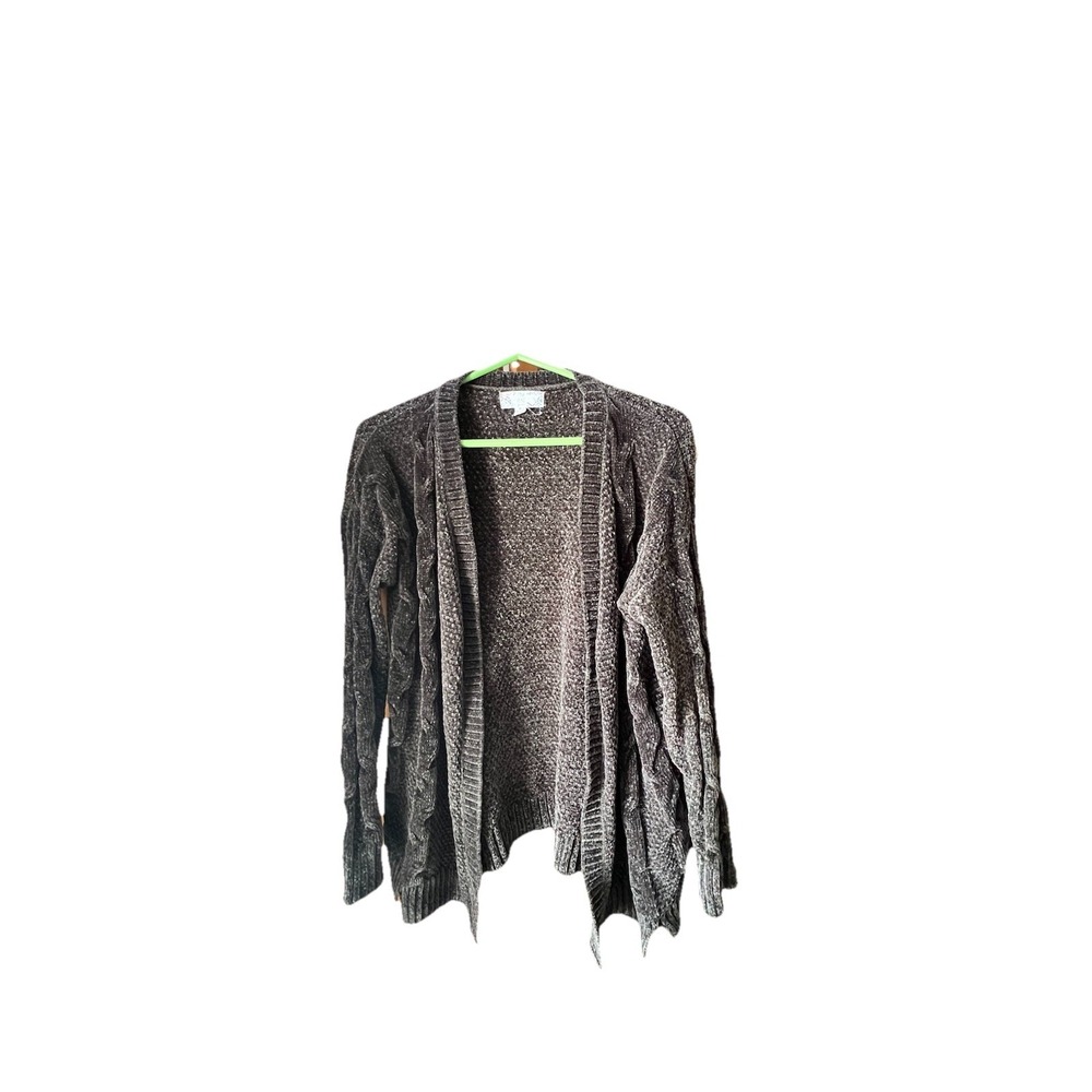 Pink Rose Olive Green Cable Knit Chenille Cardigan Sweater Womens Medium EUC